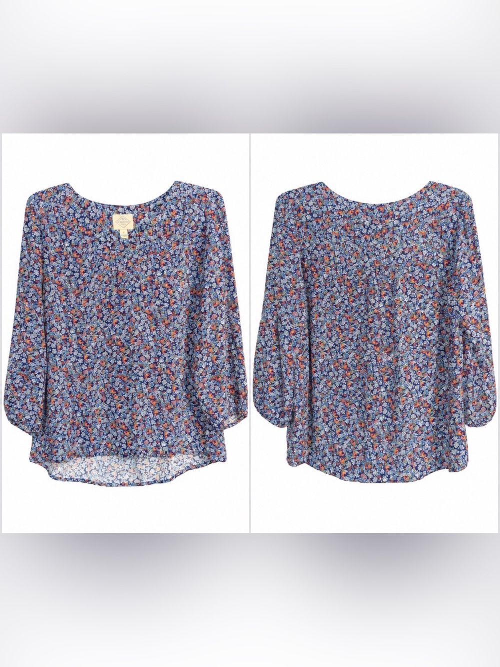 St. John's Bay Navy Floral Peasant Blouse S 3/4 Sleeve Rayon V-Neck